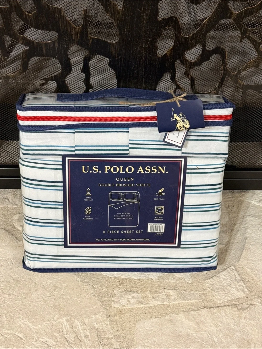 U.S. Polo Assn. White, Navy & Green Striped Queen 6 Piece Sheet Set
